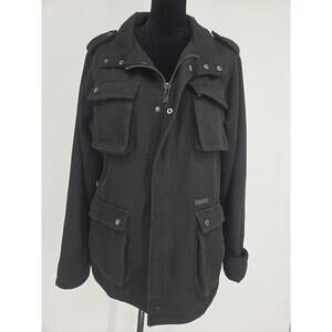 Kr3w Herringbone Field Jacket Military Style Mens Small Black Lined Pea Coat Y2K